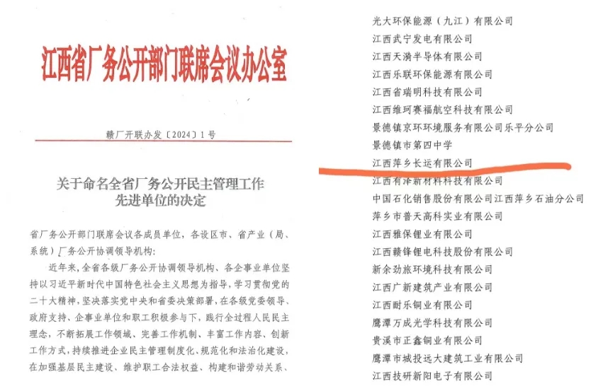 萍鄉長運:榮獲“江西省廠務公開民主管理先進單位”稱號